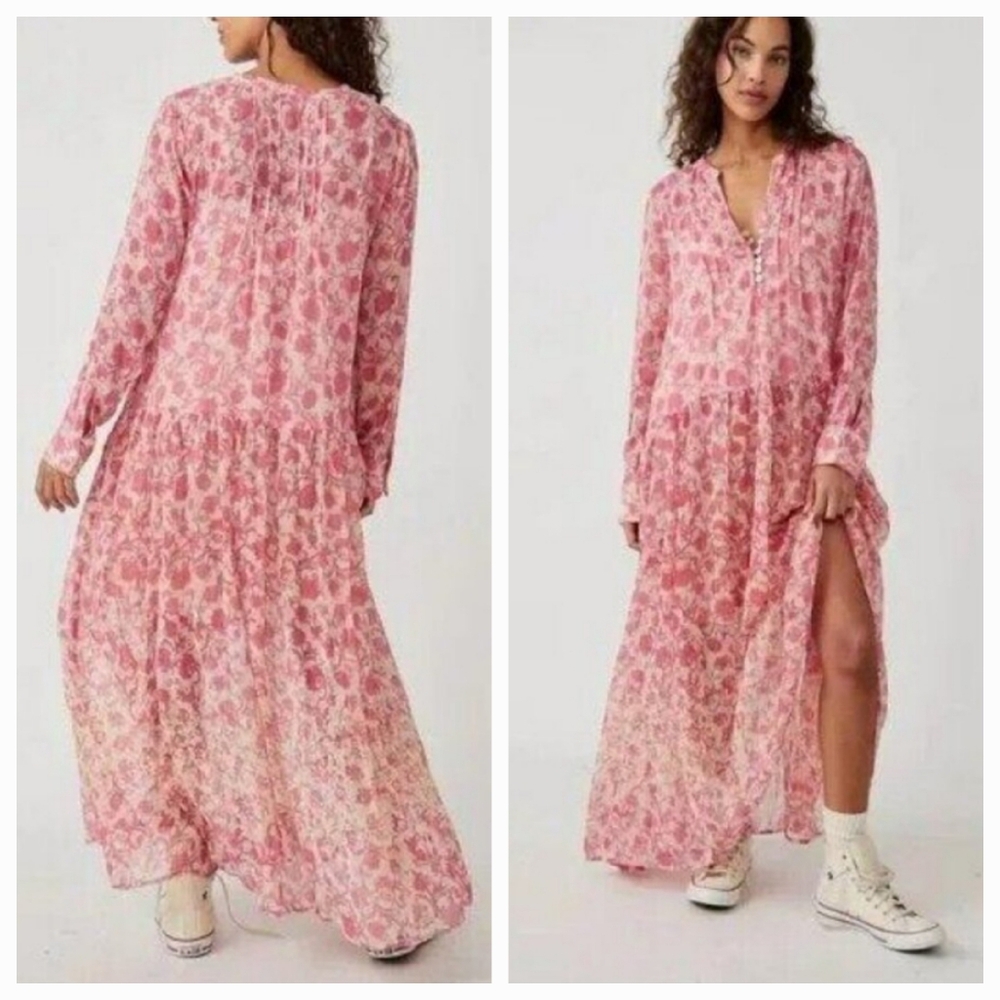 FREE PEOPLE See It Through V Neck Maxi Boho Sheer Floral Longsleeve Pink…